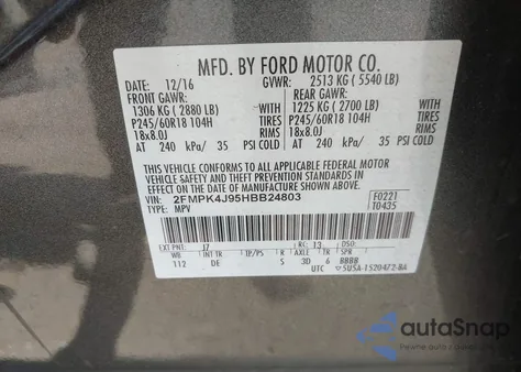 2017 Ford Edge Sel из США, поврежденный, VIN 2FMPK4J95HBB24803